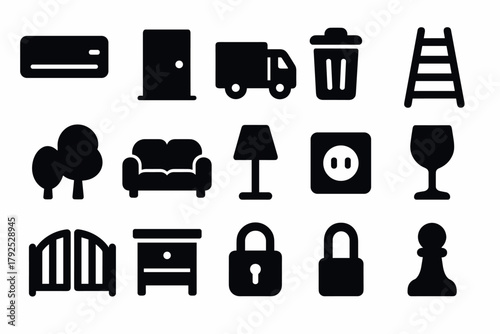 Essential black silhouette icons for home and office objects and utilities