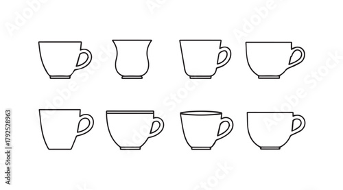 Collection of eight different coffee mug silhouettes with handles on a white background silhouette