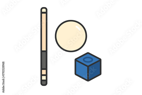 Essential equipment for cue sports including cue stick cue ball and blue chalk