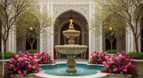 Courtyard fountain with blooming flowers and ornate architecture, creating a serene and luxurious atmosphere