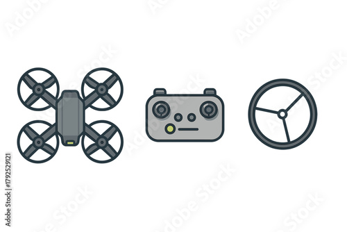Aerial drone, wireless remote control device, and navigation wheel symbols