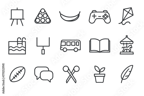 Minimalist outline symbols of leisure activities and hobbies collection