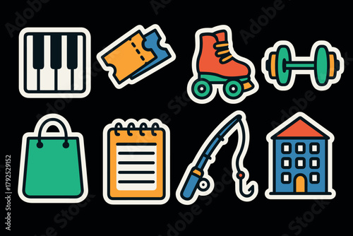 Colorful sticker icons music, sports, shopping, and leisure activities
