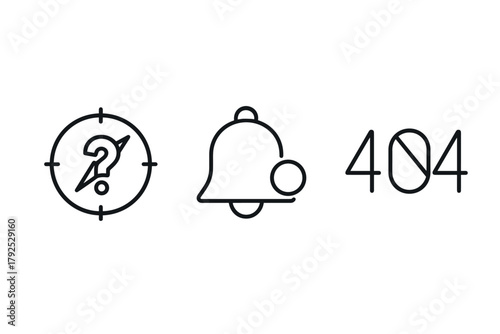 Minimalist icons location error, notification bell, 404 error