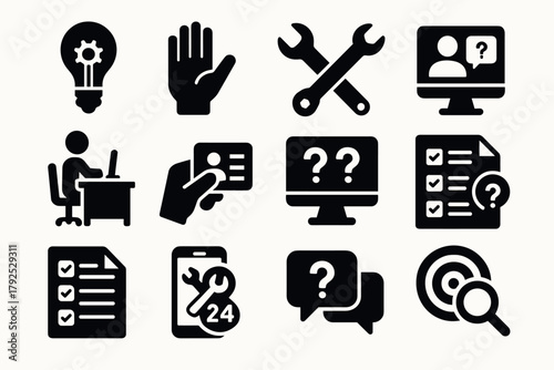Silhouette icons of technical support and communication tools