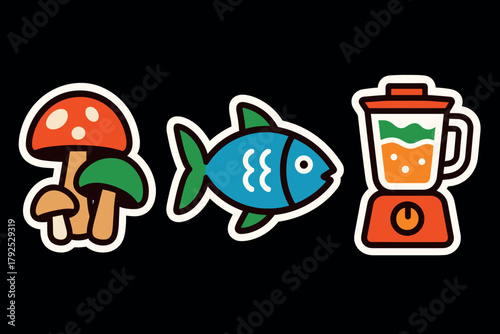 Cute cartoon style stickers of mushrooms, fish, and blender on black background