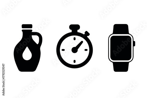 Minimalist icons oil bottle, stopwatch, smartwatch silhouettes on white background