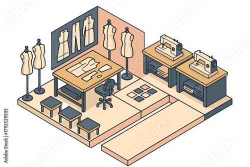Professional fashion design studio interior setup with cutting table, dress forms, and sewing machines