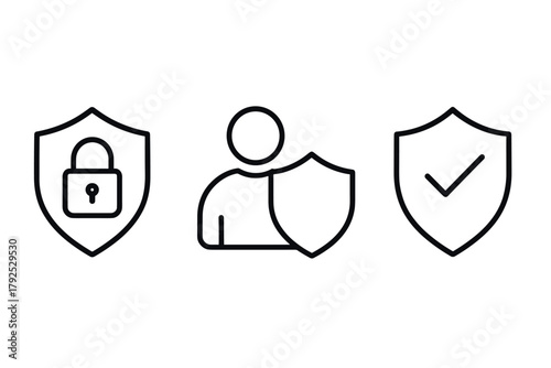 Minimalist security icons with lock, person, and checkmark in line art style
