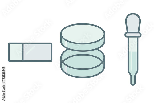 Scientific laboratory equipment set with microscope slide, petri dishes, and dropper pipette