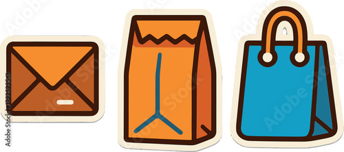 Colorful icons of email, grocery bag, and shopping bag on gradient background