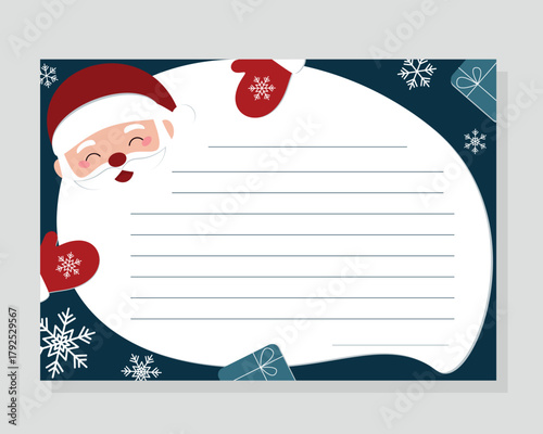 Santa Claus letter template. Christmas wishlist with cute Santa Claus character on a blue background. Vector illustration. Layout in A4 size.