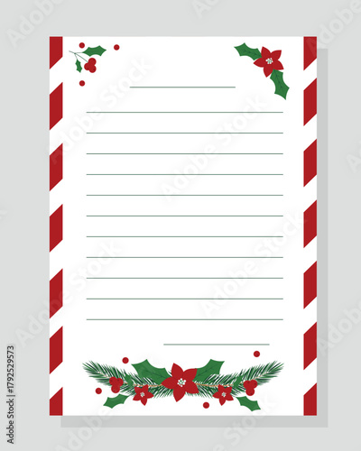 Vertical Template for Letter to Santa Claus. Christmas wishlist, greeting card with holiday decor and empty lines for writing. Vector illustration. Layout in A4 size.