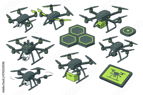 Isometric set of delivery and surveillance drones with landing pads and control tablet