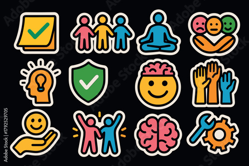 Colorful doodle stickers mindfulness, teamwork, and wellness concepts