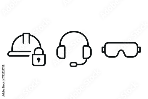 Safety icon set hard hat, ear protection, and safety goggles in linear style