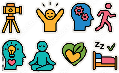 Colorful icons of creativity, mindfulness, and wellness with sticker style