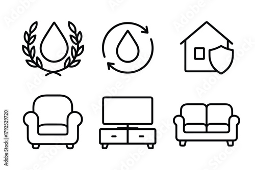 Minimalist home and water conservation icons set for sustainable living