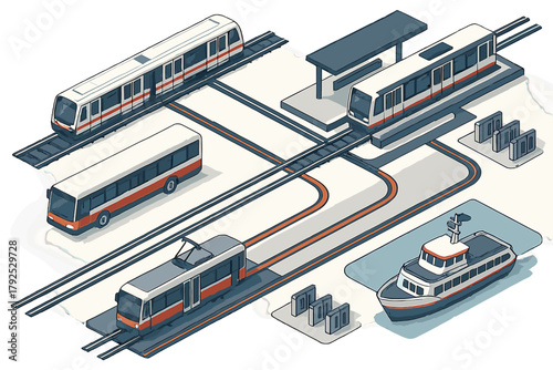 Isometric public transportation hub with train, bus, tram, and ferry vehicles for urban travel