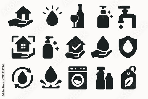 Essential icons for homecare and hygiene water, safety, and cleaning supplies