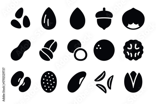 Silhouette icons of nuts and seeds variety of natural food elements