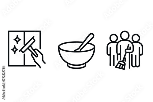 Minimalist icons cleaning, cooking, and community service symbols in line art