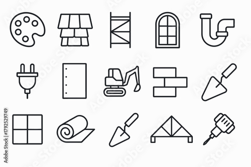 Construction and renovation icon set tools and materials in linear style