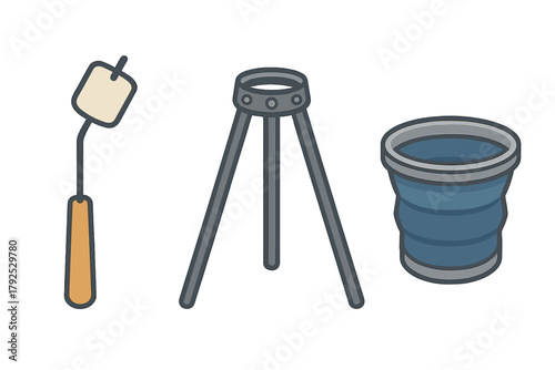 Outdoor camping gear set featuring marshmallow roasting stick, cooking tripod, and portable bucket