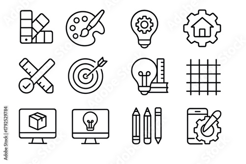 Creative design icons set featuring tools and technology in linear style