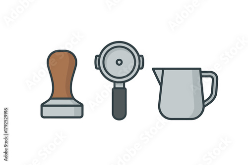 Set of professional coffee making accessories including tamper portafilter and frothing pitcher