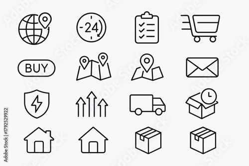 Essential delivery and ecommerce icon set featuring outline design for logistics and shopping