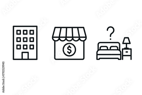 Business, retail, and hospitality icons building, storefront, and bedroom in linear style