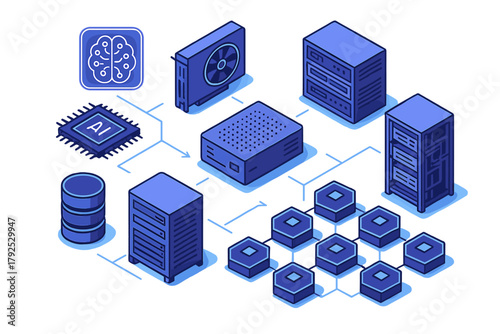 Artificial intelligence data processing flow diagram with server racks and network nodes