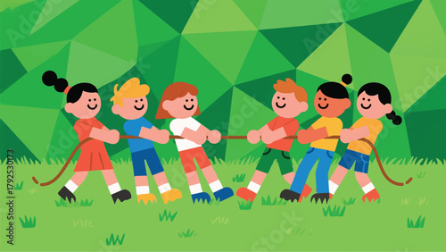 Illustration Of A Group Of Children Playing Tug Of War Vector Design Template