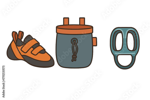Specialized rock climbing gear collection featuring a climbing shoe, chalk bag, and belay device