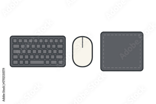 Flat design desktop setup featuring a dark keyboard, light mouse, and gray mousepad