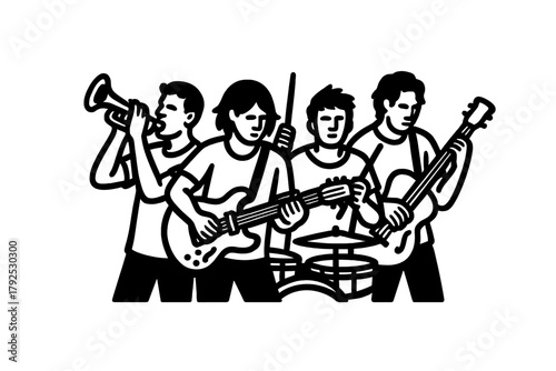 Energetic musical group playing instruments including trumpet, electric guitar, acoustic guitar, and drums