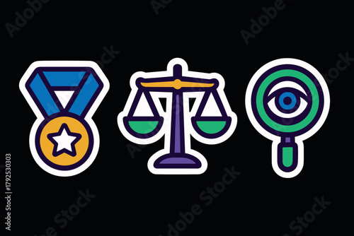 Colorful sticker set of medal, scales, and eye icons on black background
