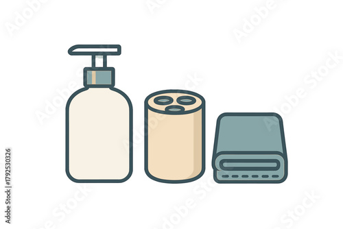 Set of bathroom and spa essentials including lotion bottle and folded towel