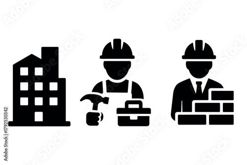 Construction icons builders and tools in silhouette style