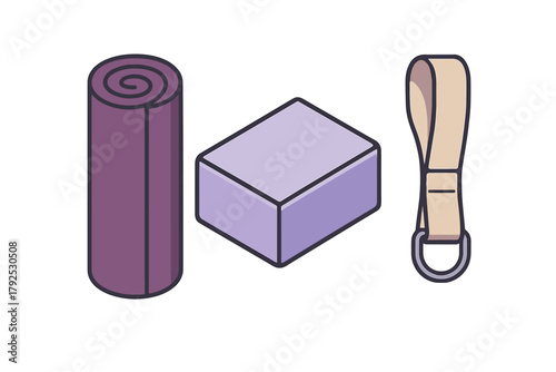 Rolled purple yoga mat, lavender foam block, and beige stretching strap for fitness training