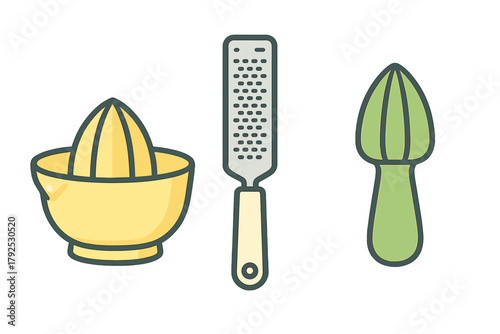 Manual citrus juicers and fine grater used for zesting and extracting fresh fruit juice