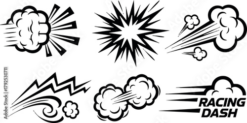 Comic style vector set of dynamic explosion clouds and racing dash effects in black and white
