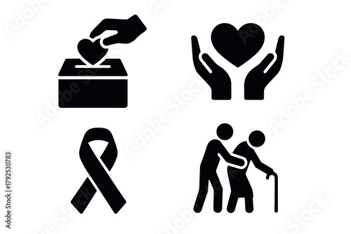 Charity icons heart donation, care, ribbon, and elderly support symbols