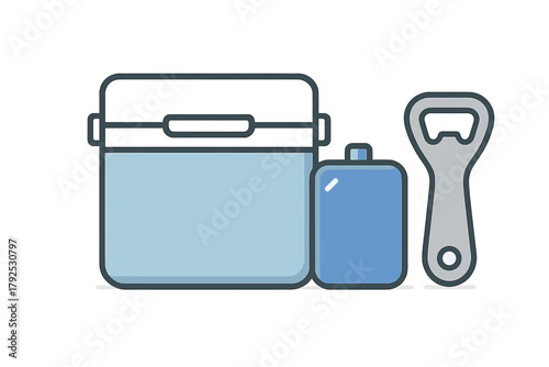 Insulated cooler box, blue ice pack, and gray metal bottle opener for outdoor leisure