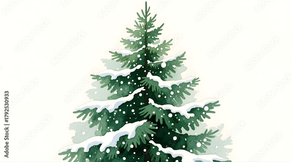 Obraz premium Tall watercolor pine tree, deep layered green tones with soft snowy edges, gentle white splatters over textured paper — natural and serene.