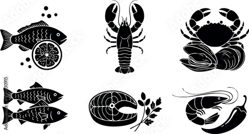 Seafood vector icons set with fish, lobster, crab, shrimp, and lemon slice in black silhouette style for food design