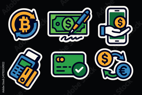 Financial technology icons featuring cryptocurrency and digital transactions in sticker style
