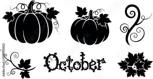 Halloween pumpkin designs with autumn leaves and decorative October text in black silhouette style vector illustration