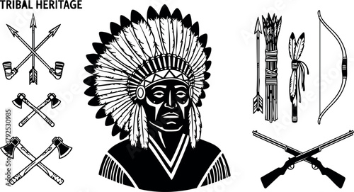 Tribal heritage native american chief with traditional weapons vector design for cultural identity and history preservation